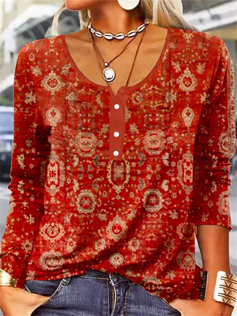 Women's Long Sleeve Geometric Flower U-neck T-shirt
