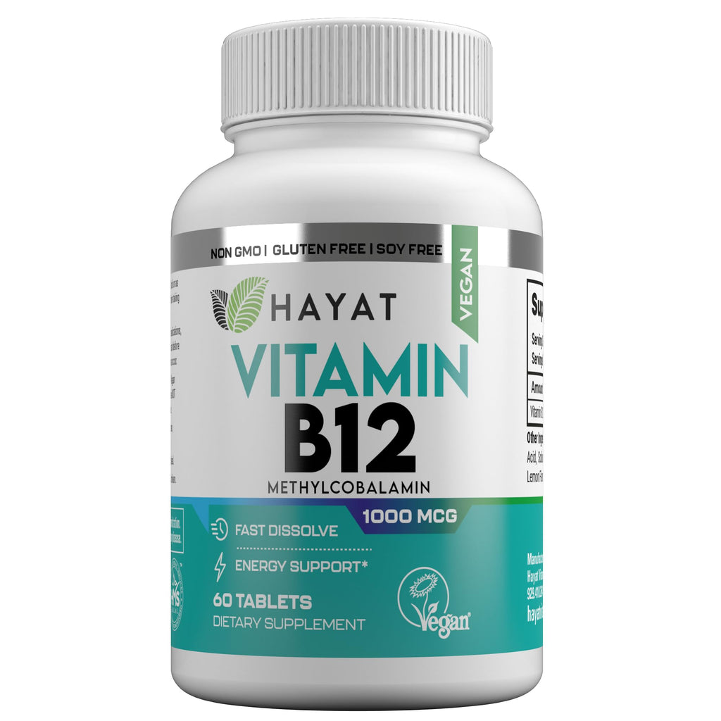 HAYAT Vitamins Vegan Natural Vitamin B12 1000 MCG Dietary Supplement for Energy Metabolism Support 2 Month Supply All Natural Certified Halal 60 Tablets Made in The USA