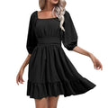 Summer Ruffled Square Neck High Waist Pleated Dress