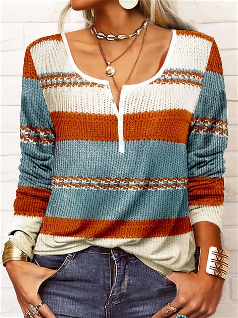 Women's Long Sleeve Geometric Flower U-neck T-shirt