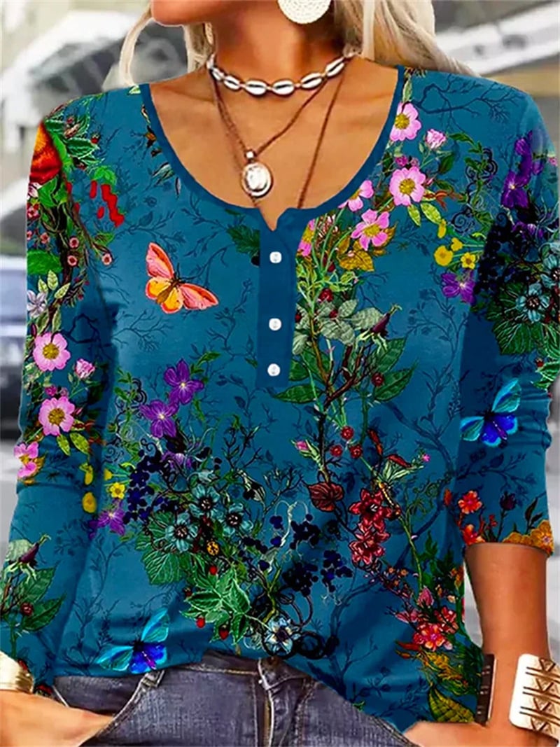 Women's Long Sleeve Geometric Flower U-neck T-shirt