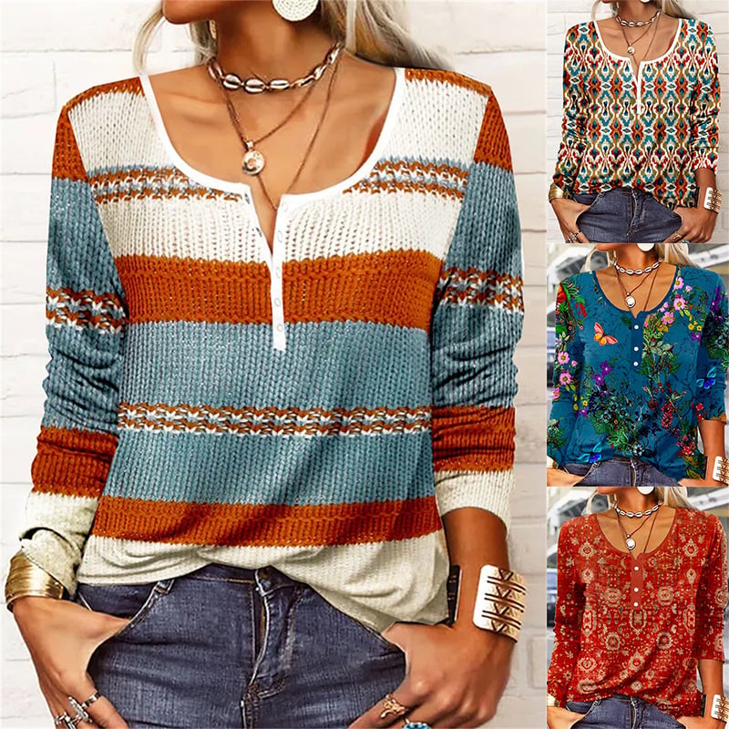 Women's Long Sleeve Geometric Flower U-neck T-shirt